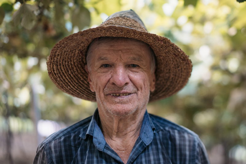 Agricultor de chapéu de palha entre as parreiras